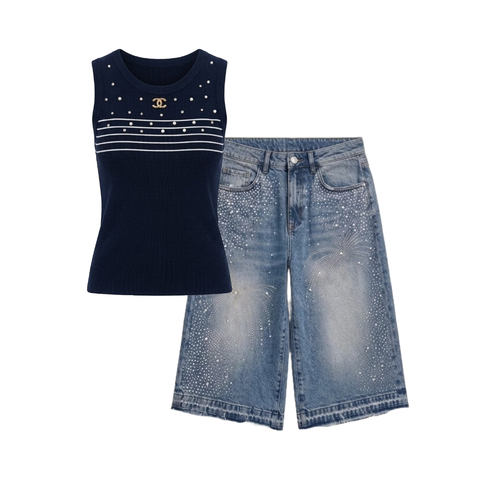 Look "City Glam": Top de Punto y Bermudas Denim con Cristales