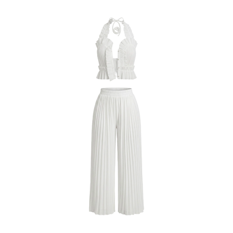 Set de Dos Piezas: Top Halter con Volantes y Pantalón Palazzo Plisado
