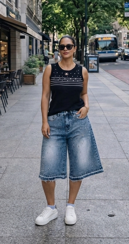 Look "City Glam": Top de Punto y Bermudas Denim con Cristales